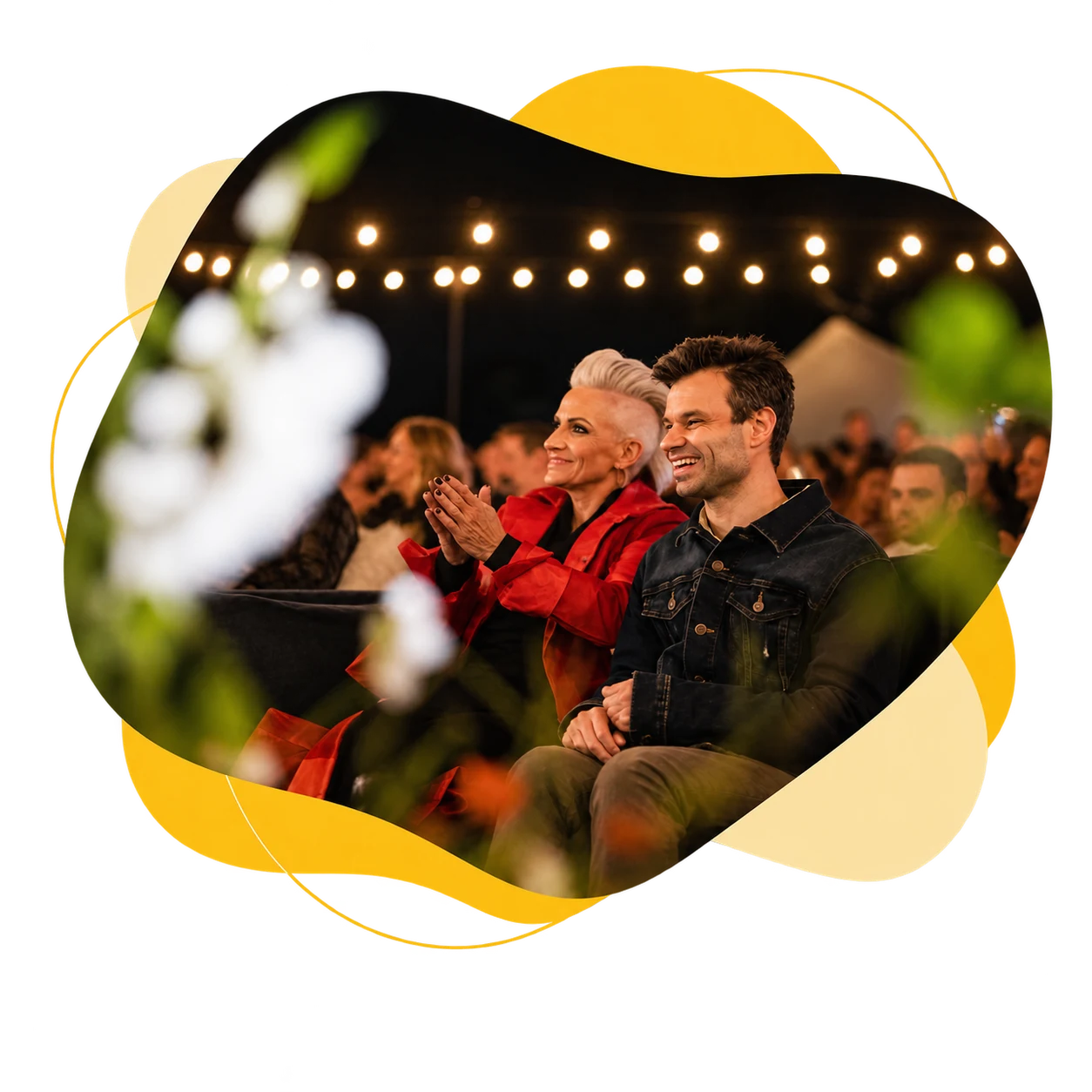 Guests enjoying live music under string lights at Smoke & Strings
